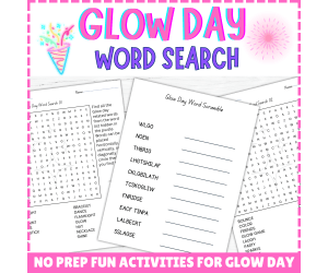 Glow Day Word Search, Word Scramble, End of Year Activities For Kids