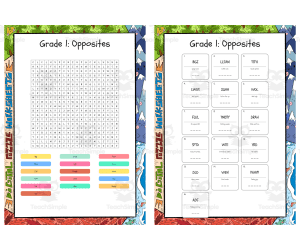 Grade 1 Opposites word search, scramble and crossword puzzle