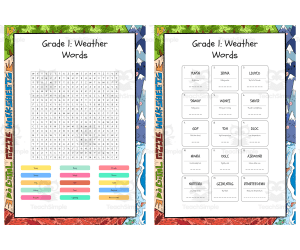Grade 1 Weather Words word search, scramble and crossword puzzle