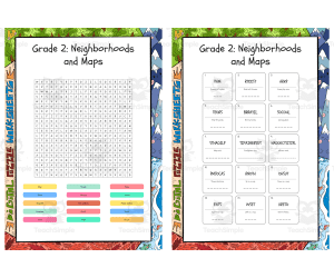 Grade 2 Neighborhoods and Maps word search, scramble and crossword puz