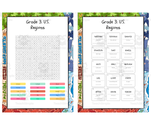 Grade 3 US Regions word search, scramble and crossword puzzle