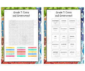 Grade 7 Civics and Government word search, scramble and crossword puzz