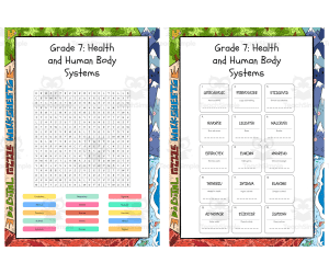 Grade 7 Health and Human Body Systems word search, scramble and crossw