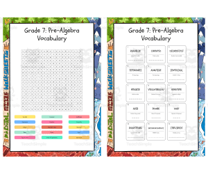 Grade 7 Pre-Algebra Vocabulary word search, scramble and crossword puz