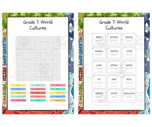 Grade 7 World Cultures word search, scramble and crossword puzzle