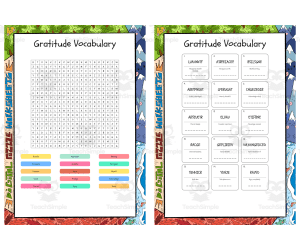Gratitude Vocabulary word search, scramble and crossword puzzle