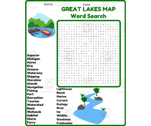 GREAT LAKES MAP Word Search Puzzle Worksheet Activity