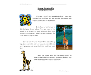 Greta the Giraffe Reading Comprehension Worksheet