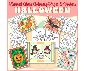 Halloween Stained Glass Coloring Pages & Posters-NO PREP