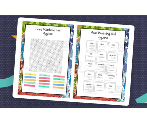 Hand Washing and Hygiene word search, scramble and crossword puzzle