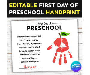 Handprint First Day of Preschool Craft Apple Back To School Keepsake