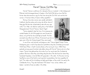 Harriet Tubman: Civil War Spy - Reading Comprehension Worksheet