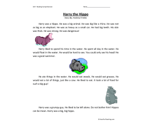 Harry the Hippo - Reading Comprehension Worksheet