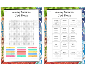 Healthy Foods vs Junk Foods word search, scramble and crossword puzzle