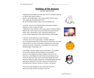 Holidays by Season - Reading Comprehension Worksheet