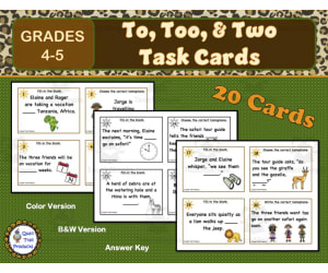 Homophone Task Cards To, Too, & Two Safari