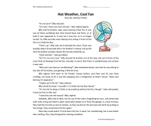 Hot Weather, Cool Fan Reading Comprehension Worksheet