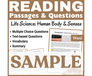 Human Body & Senses: SAMPLE Life Science Reading Comprehension (Word)