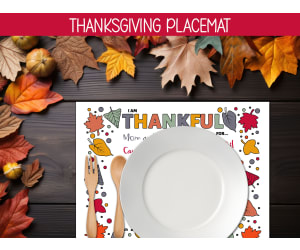 I am Grateful Writing Prompt, Thanksgiving Placemat, Coloring Activity