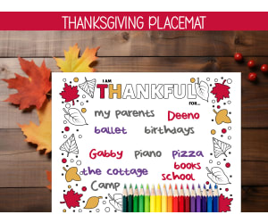 I am Thankful for Thanksgiving Placemat, Gratitude List Coloring Page