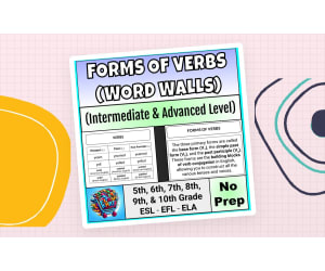Intermediate & Advanced Level Forms of Verbs Word Wall V1 V2 V3