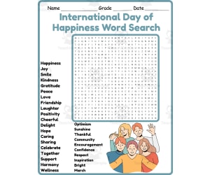 International Day of Happiness Word Search 2nd 3rd 4th 5th Grade