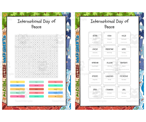 International Day of Peace word search, scramble and crossword puzzle
