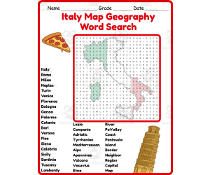 Italy Map Geography Word Search 2rd 3th 4th 5th Grade worksheet