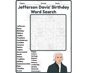 Jefferson Davis' Birthday Word Search 2nd 3rd 4th 5th Grade Worksheet