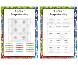 July 4th Independence Day word search, scramble and crossword puzzle