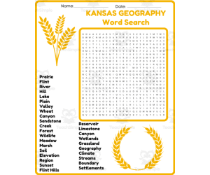 KANSAS GEOGRAPHY Word Search Puzzle Worksheet Activity