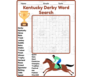 Kentucky Derby Word Search 2nd 3rd 4th 5th Grade Worksheet Activity