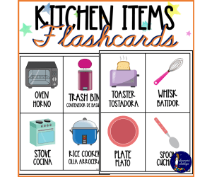 Kitchen Items Flashcards in English and Spanish