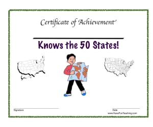 Knows the 50 States Reward Certificate for Boys