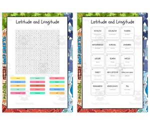 Latitude and Longitude word search, scramble and crossword puzzle