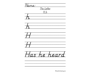 Letter H D'Nealian Style Handwriting Practice Worksheet