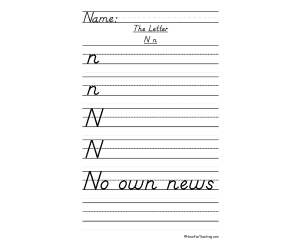 Letter N D'Nealian Style Handwriting Practice Worksheet
