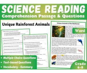 Life Science Reading Comprehension Passage: Rainforest Animals (Word)