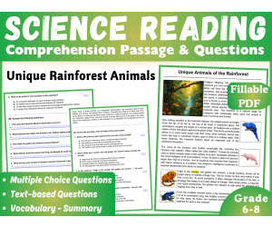 Life Science Reading Passage: Rainforest Animals (Fillable PDF)