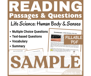 Life Science Reading Passage SAMPLE: SKIN & Human Body (FILLABLE PDF)
