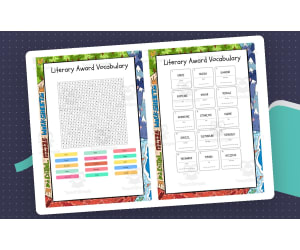 Literary Award Vocabulary word search, scramble and crossword puzzle