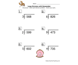Long Division Remainder Worksheet