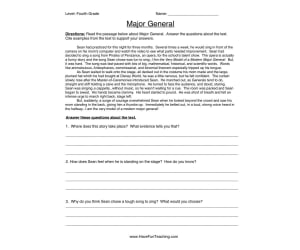 Major General Reading Comprehension Worksheet
