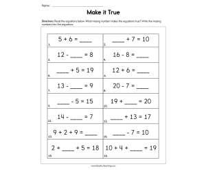 Make it True Missing Number Addition Worksheet