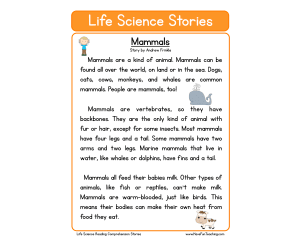 Mammals Life Science Reading Comprehension Worksheet