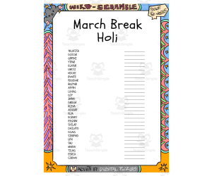 March Break Holi word Scramble puzzle worksheet