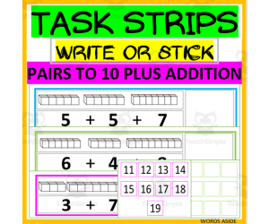 MATH CUBE STRIPS- NUMBER 10 PAIRS PLUS -WRITE OR STICK- 3 ADDENDS ADDITION FACTS
