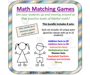 Math Matching Games: 8 Sets of Math Fact Cards for Addition, Subtraction, Multiplication, Division, Fractions, Decimals, and Money
