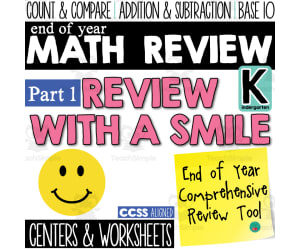 Math Review for Kindergarten "Review With a Smile" Centers, Worksheet Counting, Addition and Subtraction, Comparing Numbers or Groups of Objects, Word Problems