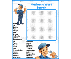 Mechanic Word Search Puzzle Worksheet Activities (6th, 7th, 8th grade